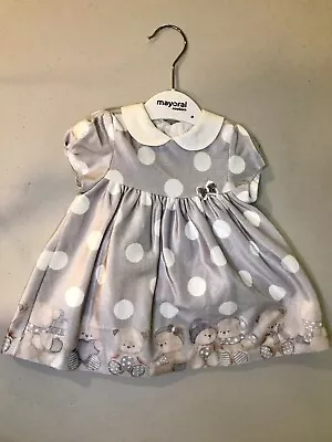 MAYORAL Baby Girl Newborn 4-6 Month 70cm Teddy Bear White Dots Light Grey Dress • $17.55