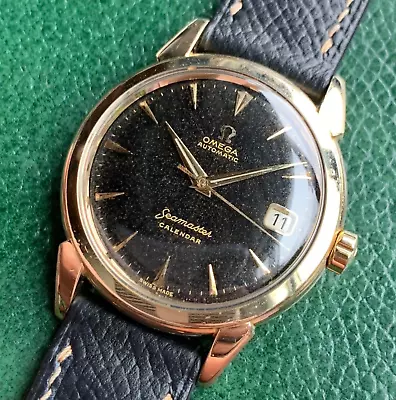 1956 Omega Seamaster Calendar 14K Solid Gold Ref. G6525 - Black Dial Wristwatch • $2549