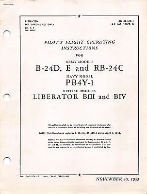 B-24D E RB-24C Pilot's Flight Operating Instructions Flight Manual -CD Version • $24.99