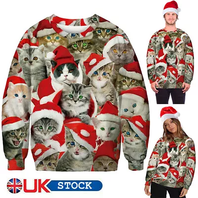 UK Unisex Men Women Ugly Christmas Sweater Cute 3D Cat Sweatshirt Xmax Top Shirt • £17