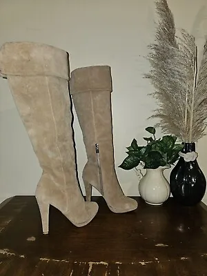 Michael Kors Womens Suede Tan Beige  Heel Knee High Boots Size 5.5M Slip On • $26.99