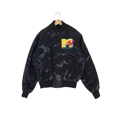 80s MTV Music Television Vintage Black Satin Bomber Jacket Full Snap-up • $95