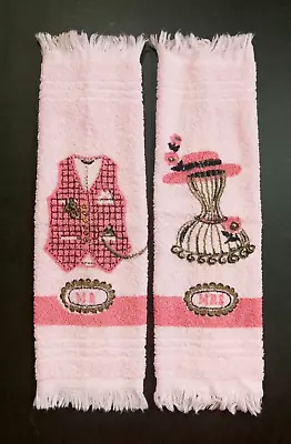 VTG Mr & Mrs Bathroom Hand Towels 2 Pink Gold Fringe Retro His Hers MCM Wedding • $15