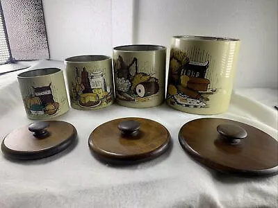 Vintage 4 Pc Ransburg Painted Metal Kitchen Canister Set Wood Lids USA MCM As Is • $18