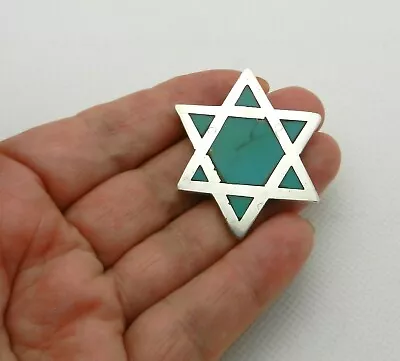 Vintage Sterling Silver Star Of David With Green Turquoise Inlay Judaica Pendant • $29.95