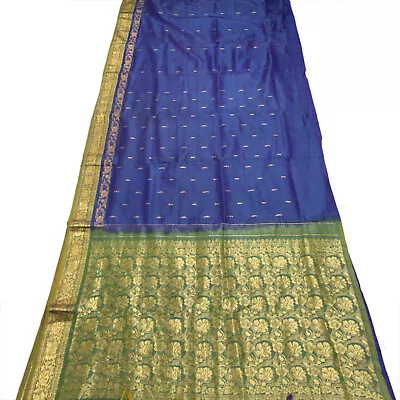 Vintage Dark Blue Sarees 100% Pure Silk Zari Handwoven Floral Design Sari Fabric • $34.20