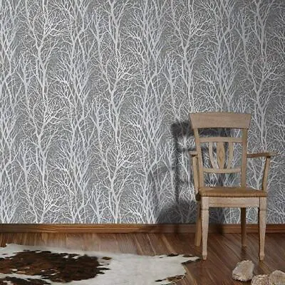 Trees Branches Wallpaper Dark Gray Silver Metallic Textured Wallcoverings Rolls • $4.35