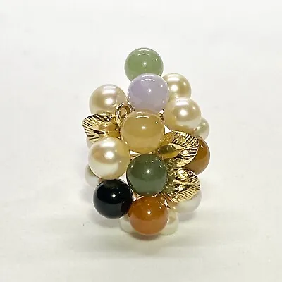 Ming's Honolulu 14K Yellow Gold Multicolor Jade Pearl Cluster Sz 6.25 Ring 14.2g • $1250