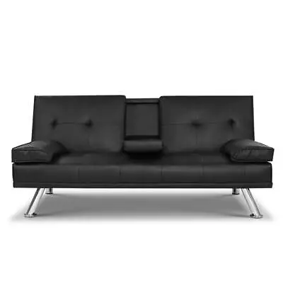 Artiss Sofa Bed Lounge Futon Couch 3 Seater Leather Beds Cup Holder Black • $225