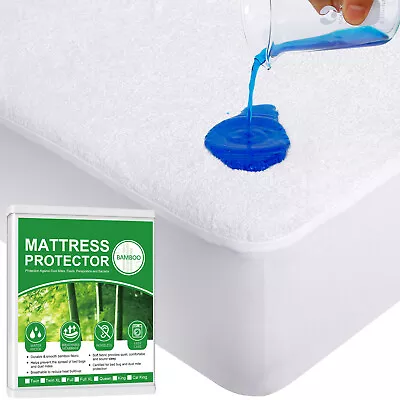 Bamboo Terry Waterproof Mattress Protector Soft Mattress Cover Pad All Sizes • $24.29