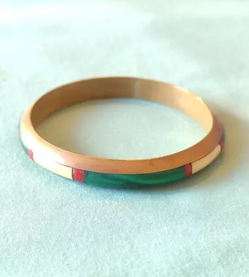 Vintage Brass Bangle Bracelet Artisan Signed Southwest Malachite Red Coral Inlay • $33.15