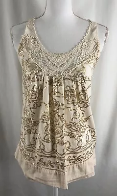 Anthropologie C Keer Womens Top Sleeveless Ivory Gold Sequins Lace Cotton Small • $12.99