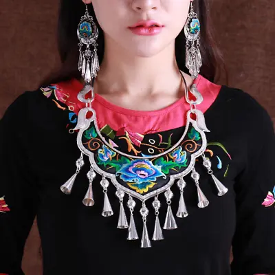 Miao Silver Embroidery Collars Ethnic Style Retro Women Necklace Pendant Jewelry • $59.29