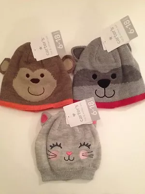 Carters Boy Girl Beanie Hat & Mitten Set Size 6-18 Months Kitty Monkey Raccoon • $7.95