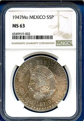 1947 Mo Mexico NGC MS63 Silver 5 Pesos S5P Cinco Pesos Cuauhtemoc MS-63 • $79.95