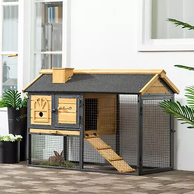 Rabbit Cage Outdoor Bunny Hutch W/ Run Removable Tray Ramp 120 X 55.5 X 80cm • £119.99