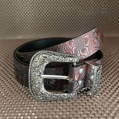 Mens Vintage PU Leather Western Buckle Belt Burgundy One Size Fits Most 130CM • £15.99