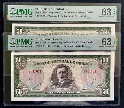 Chile Sequential Set Of TWO 50 Escudos 1962-75 PMG 63 EPQ Unc Banknotes • $135