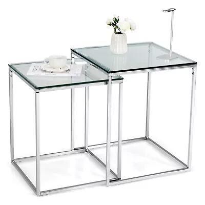 £59.99 • Buy Set Of 2 Tempered Glass Coffee Nesting Table Set Stackable Sofa Side Table