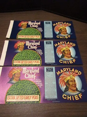 Lot Of 3 Vintage Vegetable Can Labels - Maryland Chief - Early Peas - Baltimore • $2.40