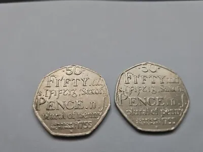 2xVERY RARE 50p Fifty Pence Coin Johnson's Dictionary 1755 Saxon Plural Of Penny • £29.99