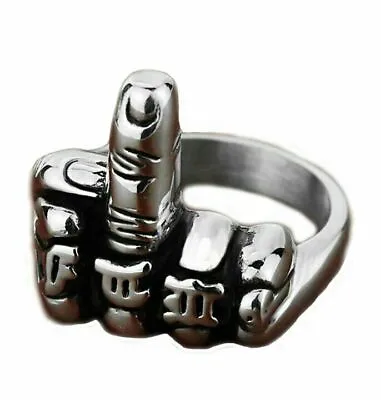 Mens Biker Punk Middle Finger Up Ring Stainless Steel Fist Band Size 7-15 Gift • $7.99
