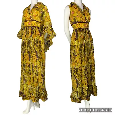 VTG Daymor Couture Dress Maxi Gown Daisy Jones 70s Ruffle Neck Pleated W/ Shawl • $299.87