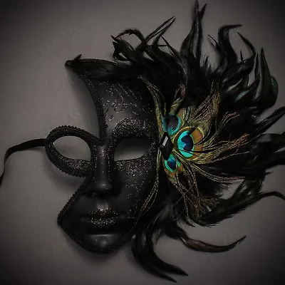 Black Venetian Peacock Feather Mask Women Masquerade Half Face Party Eye Mask • $19.99