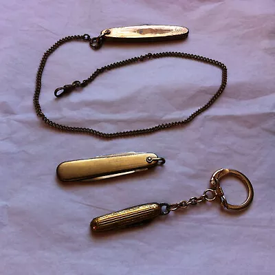 3 Vtg Gold Tone Folding Pocket Knives USA VOOS Hayward Pipe Cleaner Keychain SS • $13.99