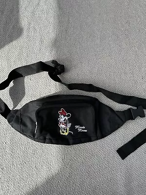 🌟Disney Minnie Mouse Bumbag Waist Bag Embroidered Adjustable 2 Pockets Black • £14.99