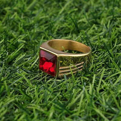 MEN's Women Stainless Steel Silver/Gold Plated Simulated Ruby Ring Size 7-13 • $12.87