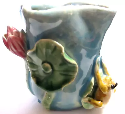 Vintage Majolica Art Pottery Frog On Lily Pad Vasechinese Writing 3.5  • $8.99