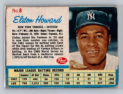 1962 Post Elston Howard #8 - New York Yankees - • $2.74