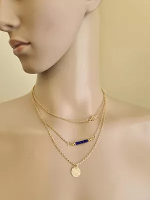 Gold Triple Necklace Layered Blue Stones Hamsa Hand Healing Crystal Gift A864 • £6.95