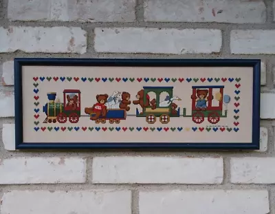 Vintage Framed Needlepoint Completed 21 X8  Bears Trains Goose • $35