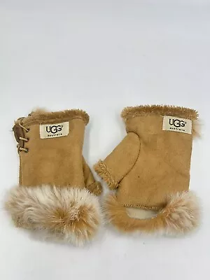 UGG Fingerless Sheepskin Leather Gloves Soft Real Rabbit Fur Trim Women’s • $37.49