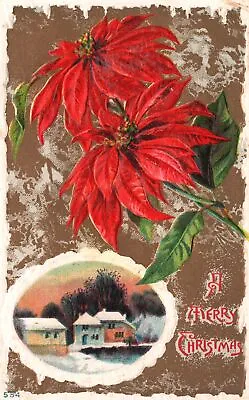 Vintage Postcard A Merry Christmas Greetings Card! Poinsettia Red Flowers Winter • £9.63