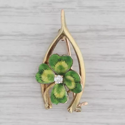 Vintage Lucky Brooch Green Shamrock Diamond Wishbone Pin 14k Yellow Gold • $299.99