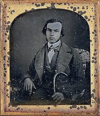 Handsome Gentleman With Long Sideburns Holding Cane 1/6 Plate Daguerreotype S739 • $135