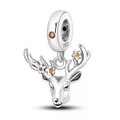 Genuine 925 Sterling Silver Elk Deer Antlers Charm Flower Stag Buck Pendant • £12.99