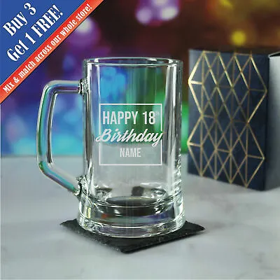 Personalised Engraved Tankard Beer Mug Stein Happy 18th Birthday Square Design • £12.95