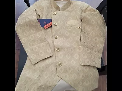 Indian Ethnic Nehru Jacket Gold Boys Sz 6 Embroidered Kid Festive Wear Waistcoat • $9.99