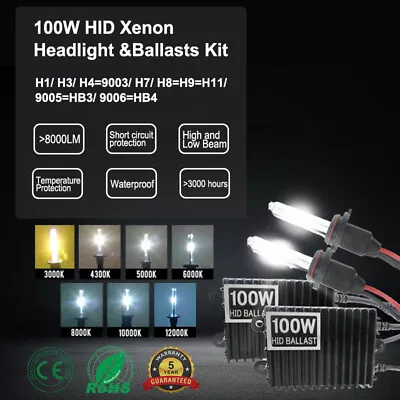 2X HID Xenon Headlight Bulbs&Ballasts 100W Kit H1/H3/H4/H7/H8 H9 H11/9005/9006 • $28.17