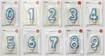 Blue White Glitter Age Number Candles Happy Birthday Cake Topper 0-9 • £2.75