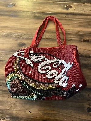 $25 • Buy Vintage Coca Cola Beaded Evening Bag Purse With Red Satin Lining