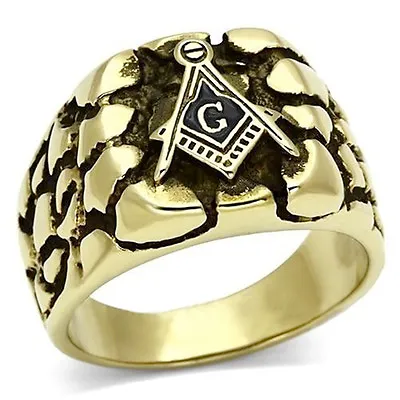 $23.24 • Buy Free Mason Ring - Rocky Stone Face Freemasonry - Gold Plated Masonic Rings