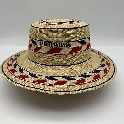 Vintage Panama Souvenir Embroidered Straw Safari Hat Handmade Red White Blue VGC • $23.95