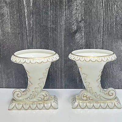 $78 • Buy Pair Vista Alegre VA Portugal White Cornucopia Vases Porcealin Gold 