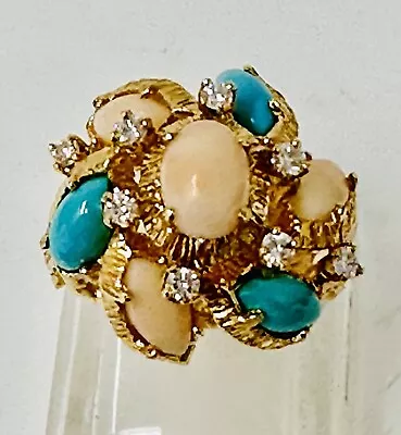 VINTAGE Marked 14K YELLOW GOLD CORAL Diamond Turquoise RING SIZE 7 • $616.50