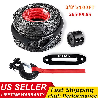 3/8 X100ft 26500LBS Synthetic Winch Rope Winch Line Cable W/Winch Hook For Truck • $98.99